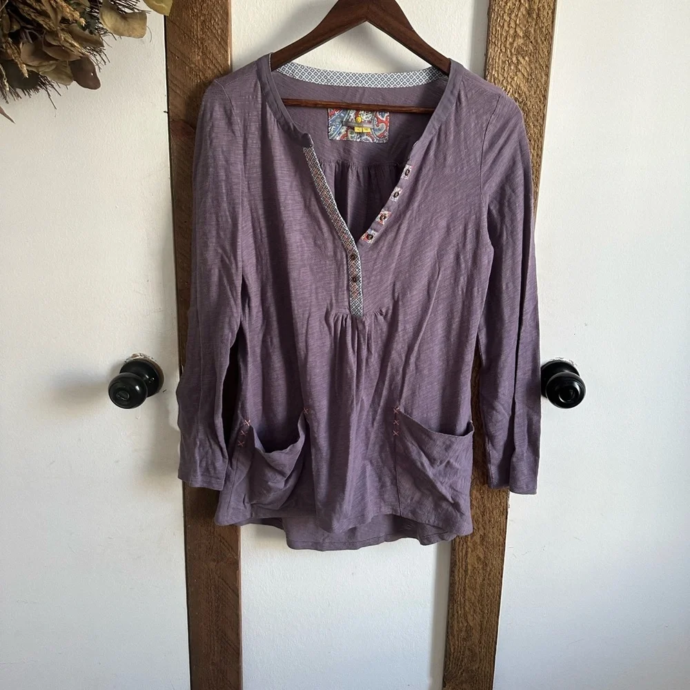 Anthropologie Little Yellow Button Calantha Tee Purple Pocket Long Sleeve Small - Picture 5 of 11